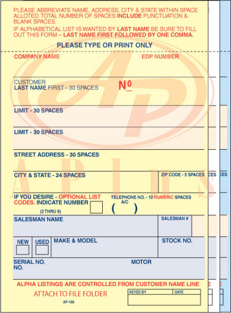 AP-168-3 • 3 Part Carbon Vehicle Deal Label